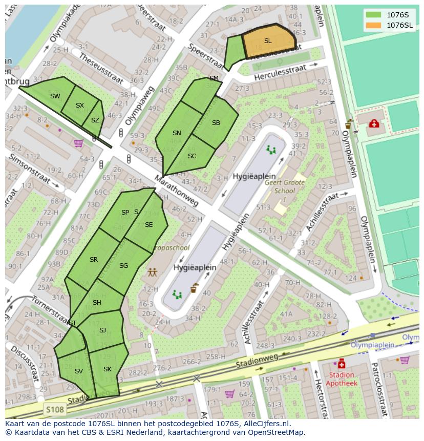 Afbeelding van het postcodegebied 1076 SL op de kaart.