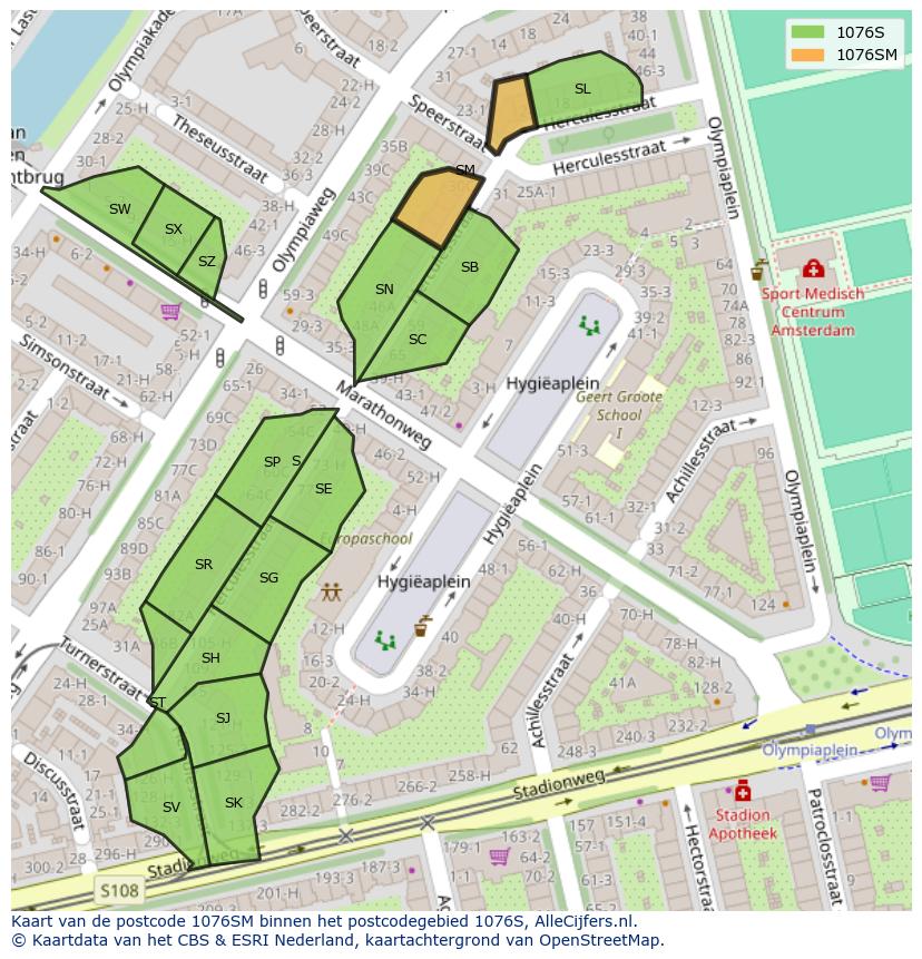 Afbeelding van het postcodegebied 1076 SM op de kaart.
