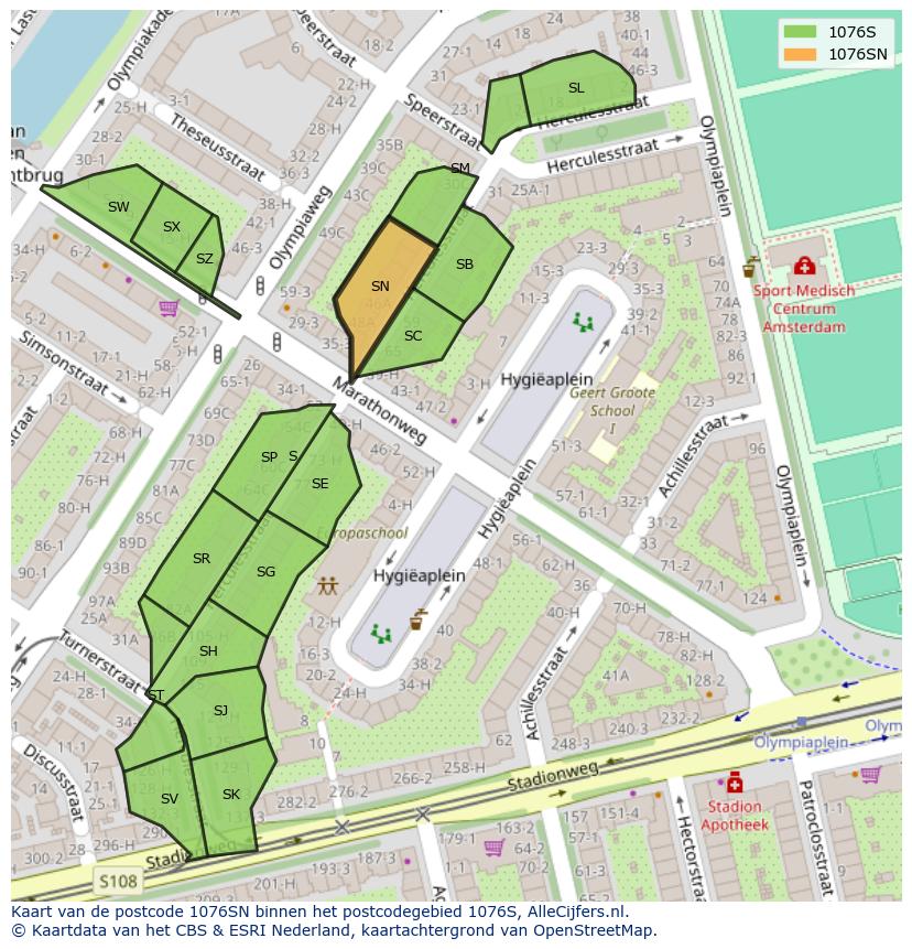 Afbeelding van het postcodegebied 1076 SN op de kaart.