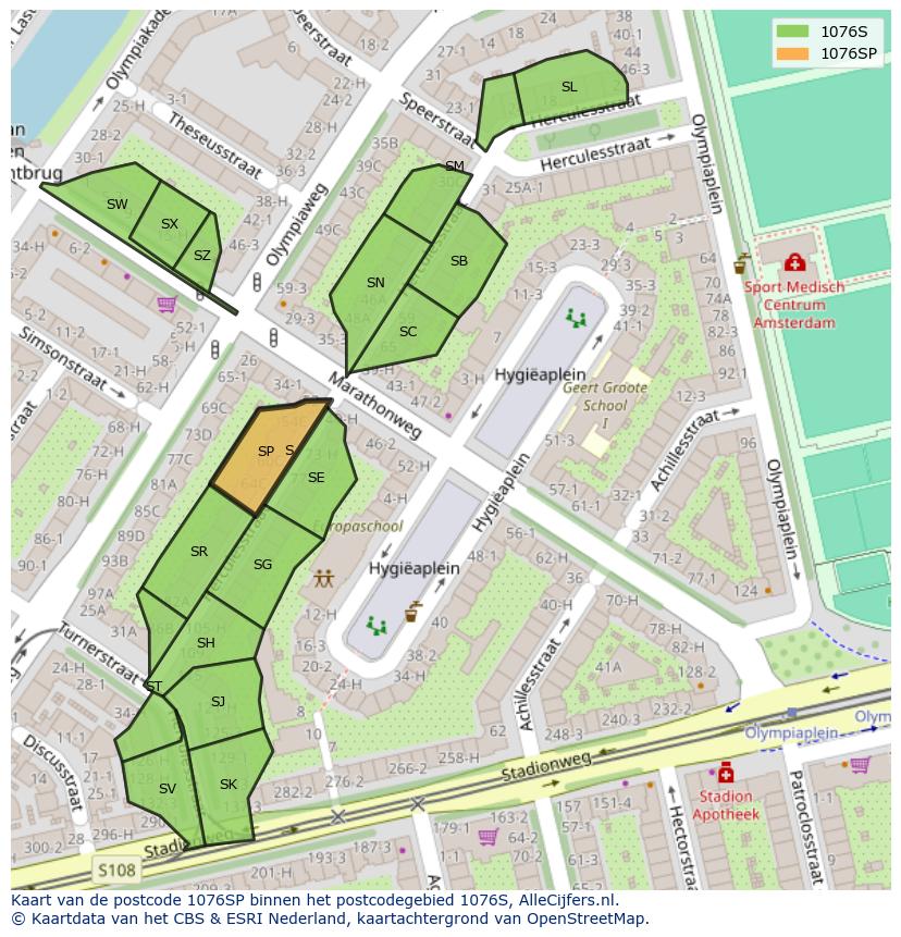 Afbeelding van het postcodegebied 1076 SP op de kaart.