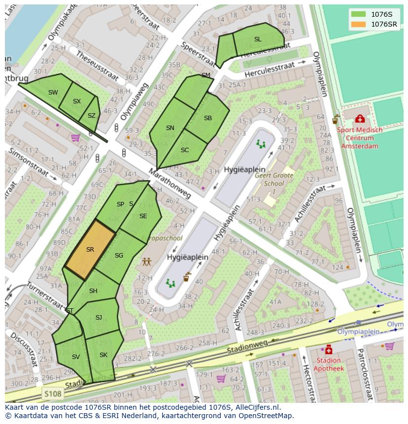 Afbeelding van het postcodegebied 1076 SR op de kaart.