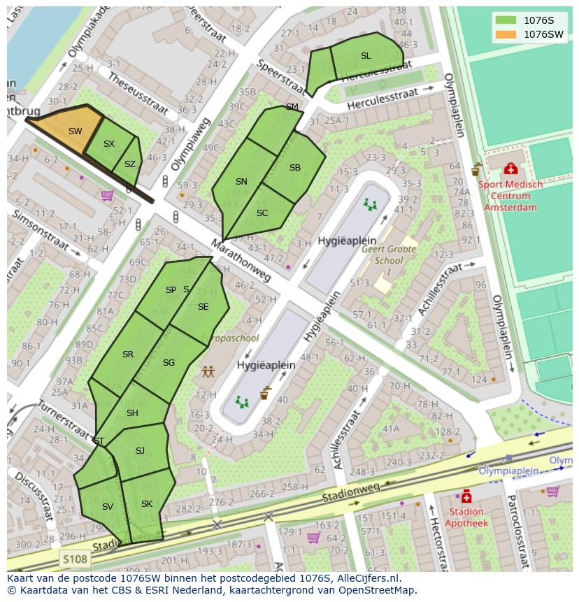 Afbeelding van het postcodegebied 1076 SW op de kaart.