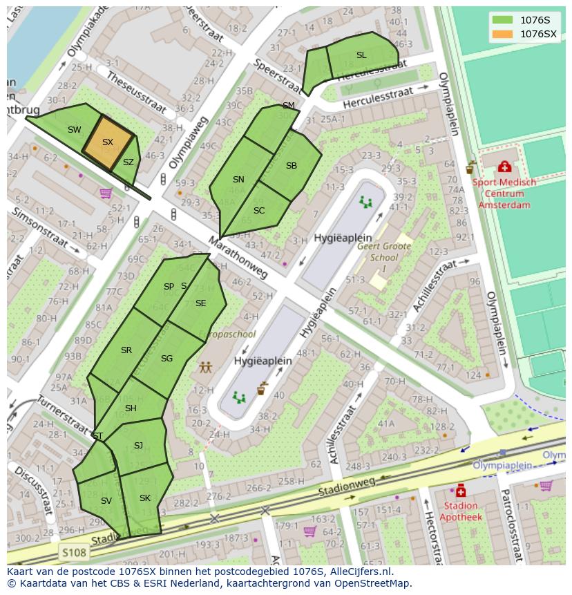 Afbeelding van het postcodegebied 1076 SX op de kaart.