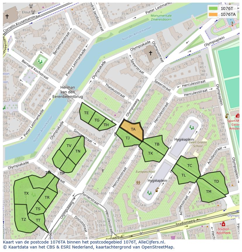 Afbeelding van het postcodegebied 1076 TA op de kaart.
