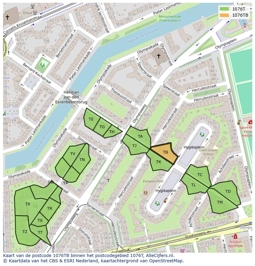 Afbeelding van het postcodegebied 1076 TB op de kaart.