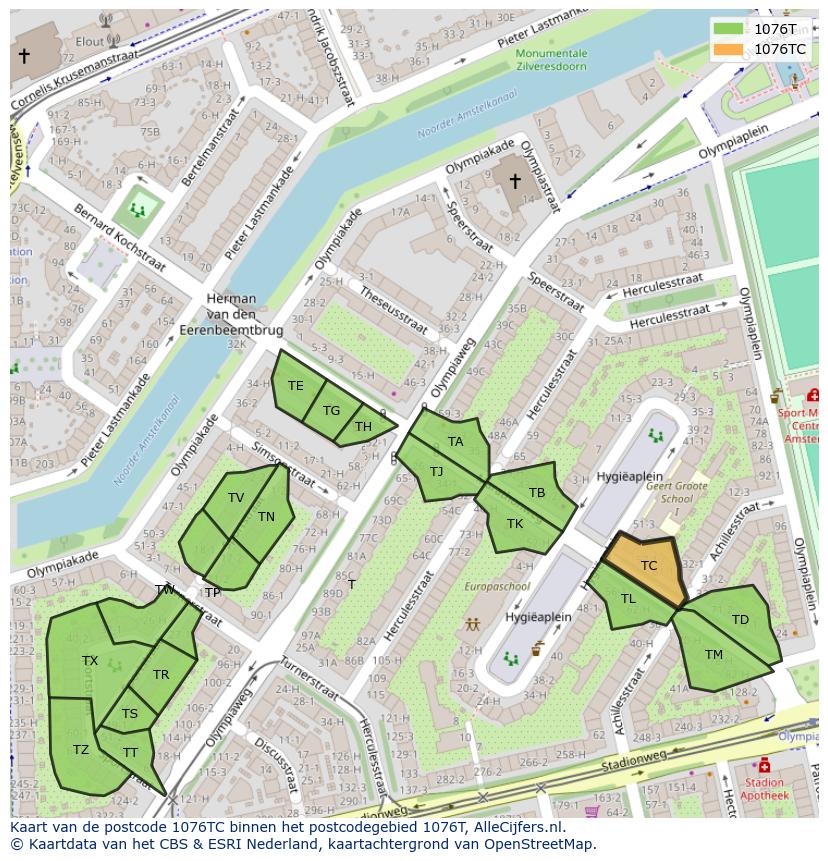 Afbeelding van het postcodegebied 1076 TC op de kaart.