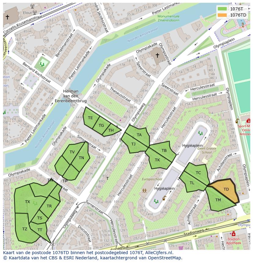 Afbeelding van het postcodegebied 1076 TD op de kaart.