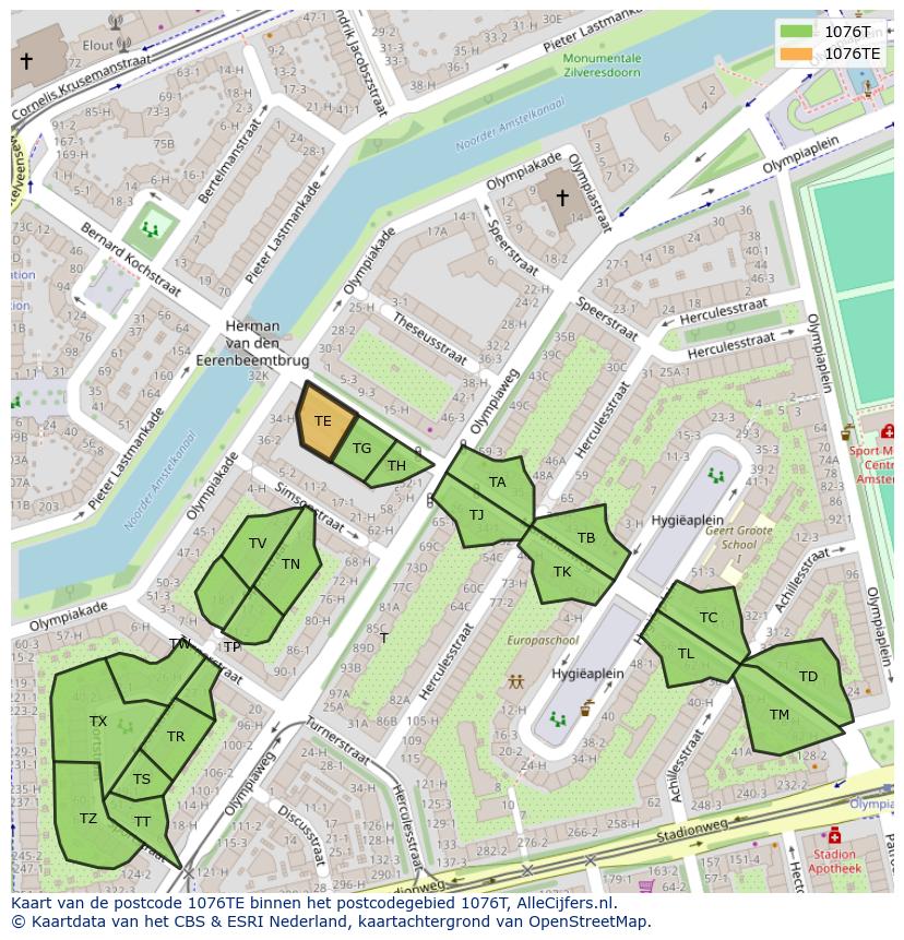 Afbeelding van het postcodegebied 1076 TE op de kaart.