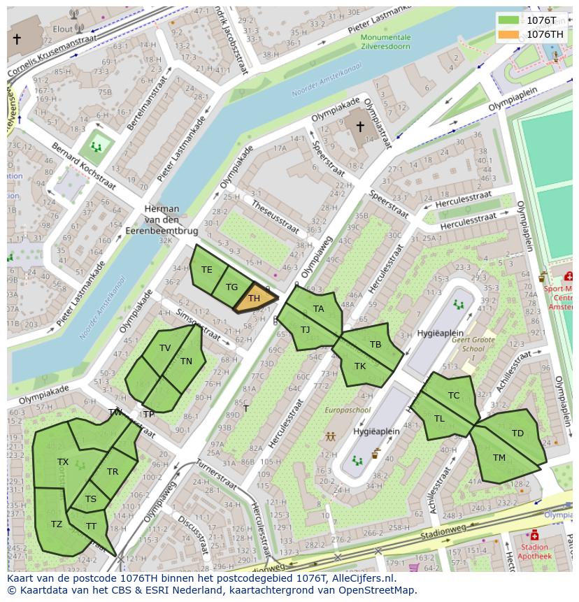 Afbeelding van het postcodegebied 1076 TH op de kaart.