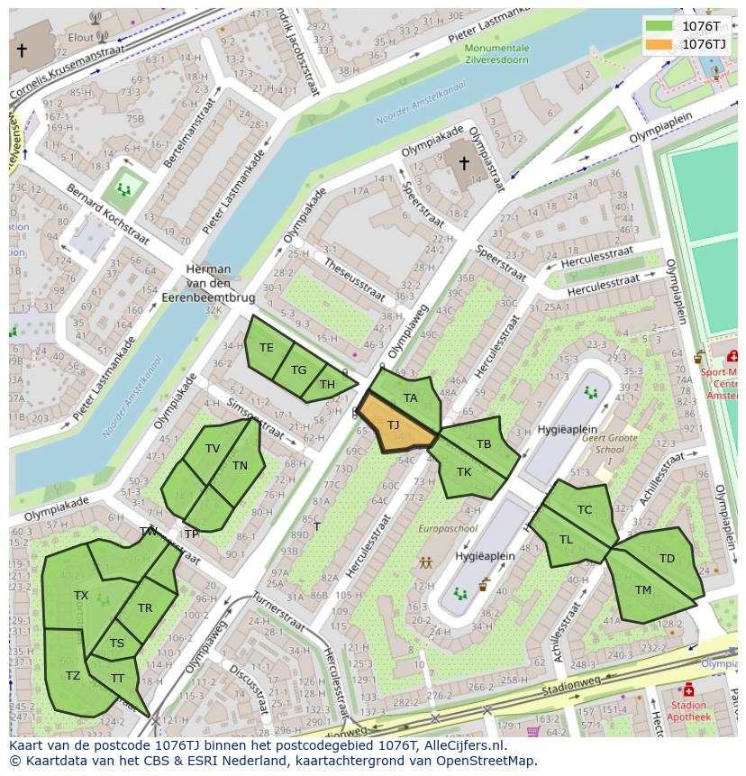 Afbeelding van het postcodegebied 1076 TJ op de kaart.