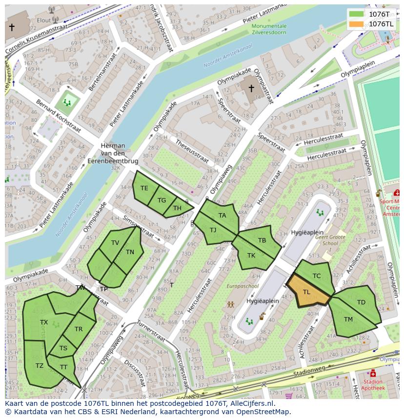 Afbeelding van het postcodegebied 1076 TL op de kaart.