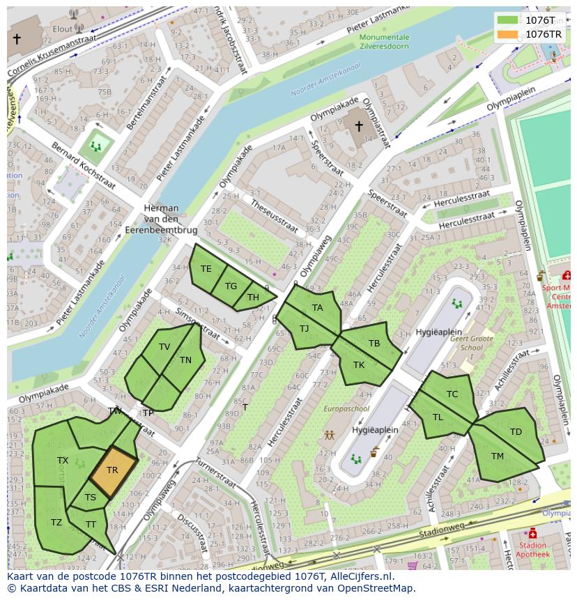 Afbeelding van het postcodegebied 1076 TR op de kaart.