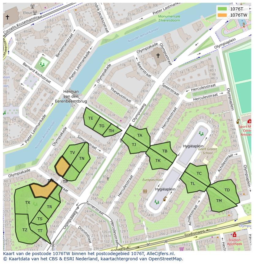 Afbeelding van het postcodegebied 1076 TW op de kaart.