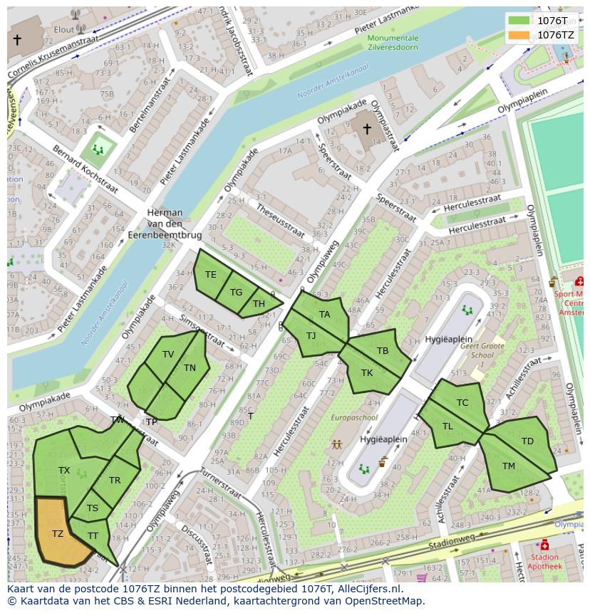 Afbeelding van het postcodegebied 1076 TZ op de kaart.