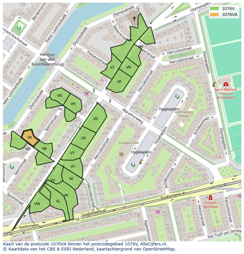 Afbeelding van het postcodegebied 1076 VA op de kaart.