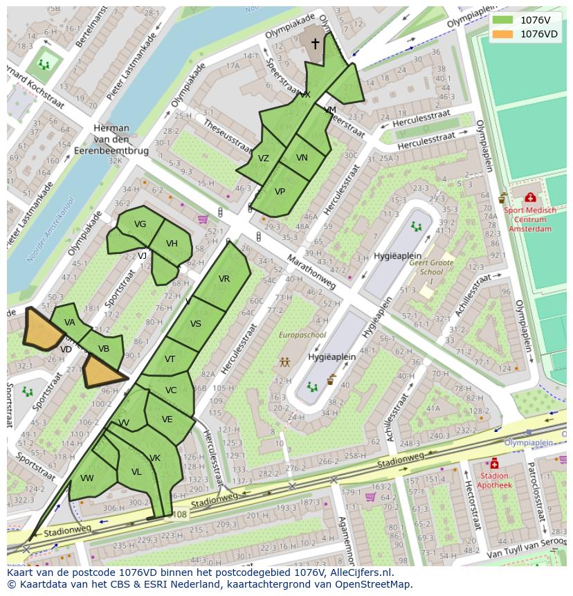 Afbeelding van het postcodegebied 1076 VD op de kaart.