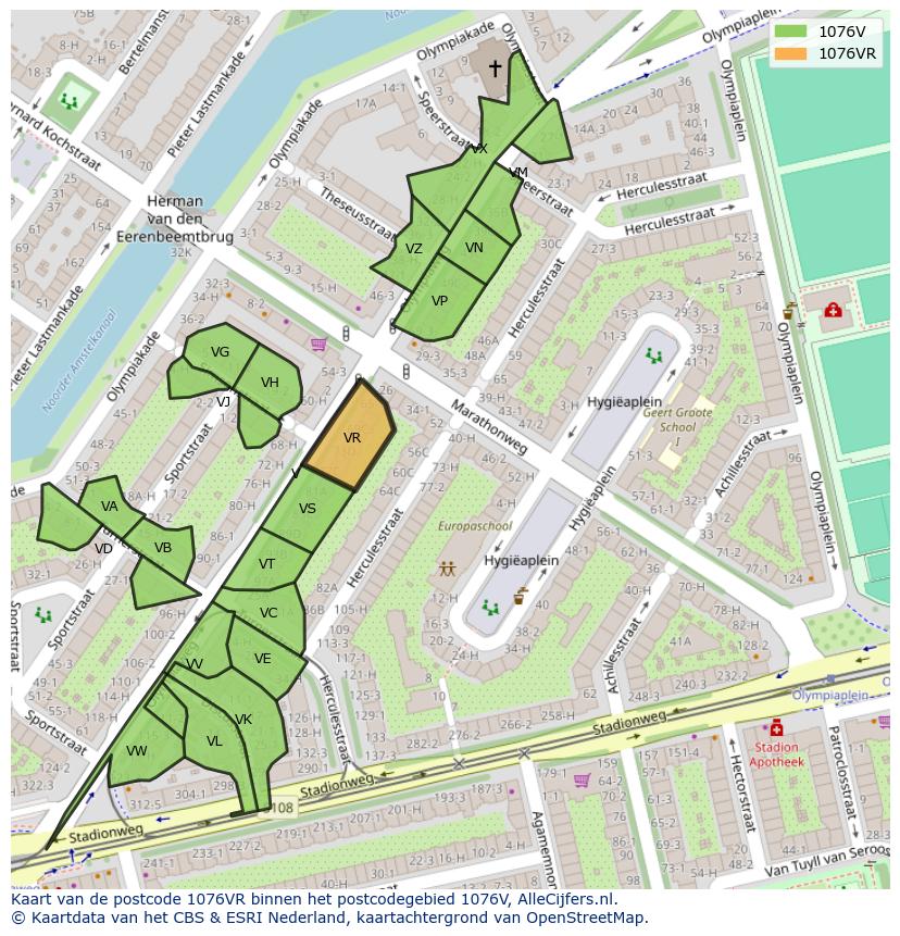 Afbeelding van het postcodegebied 1076 VR op de kaart.
