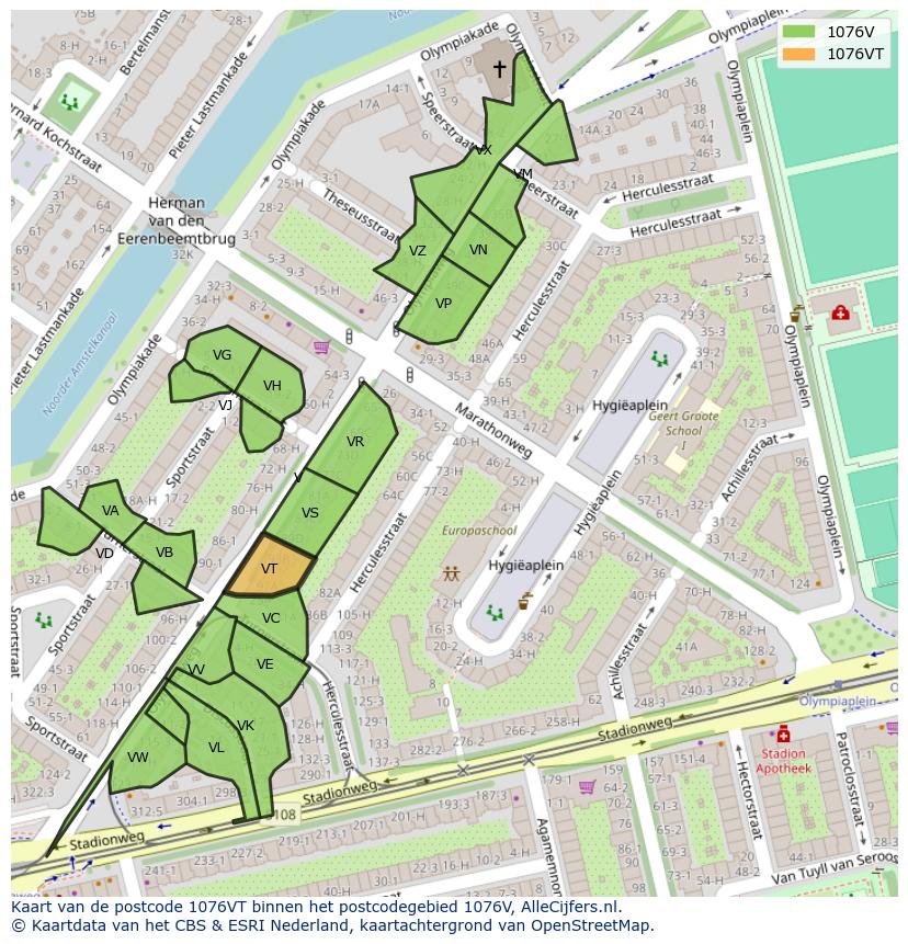 Afbeelding van het postcodegebied 1076 VT op de kaart.