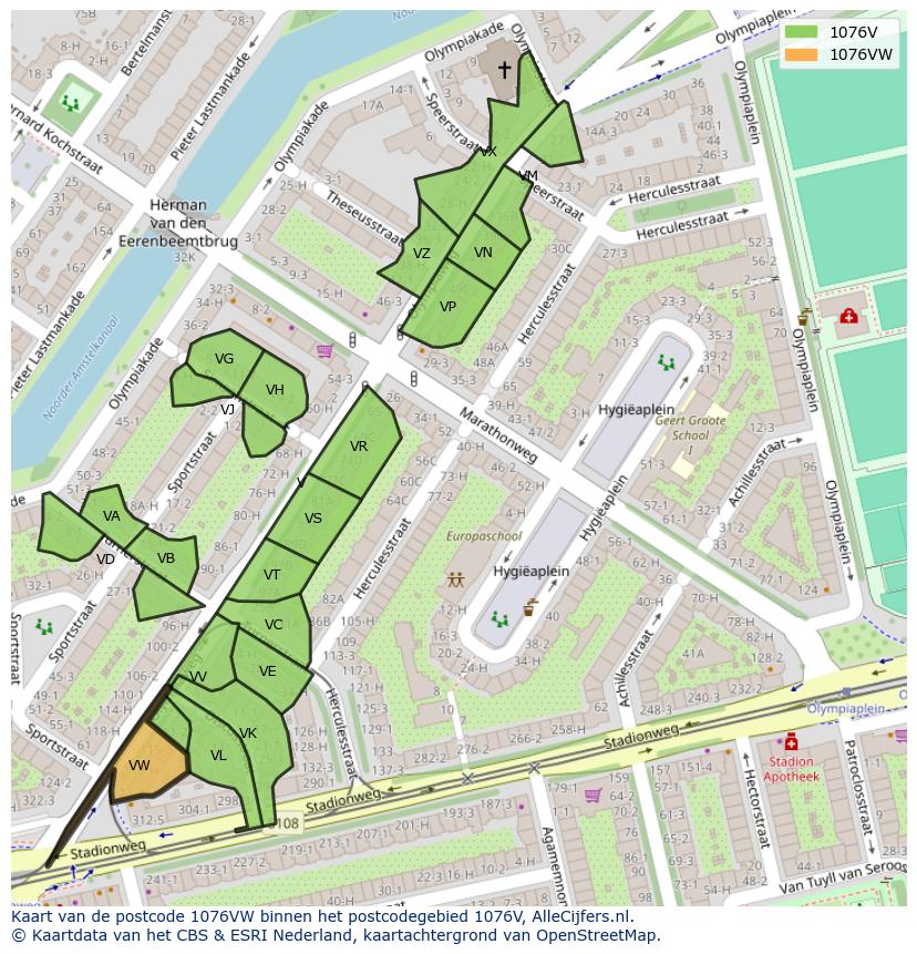 Afbeelding van het postcodegebied 1076 VW op de kaart.