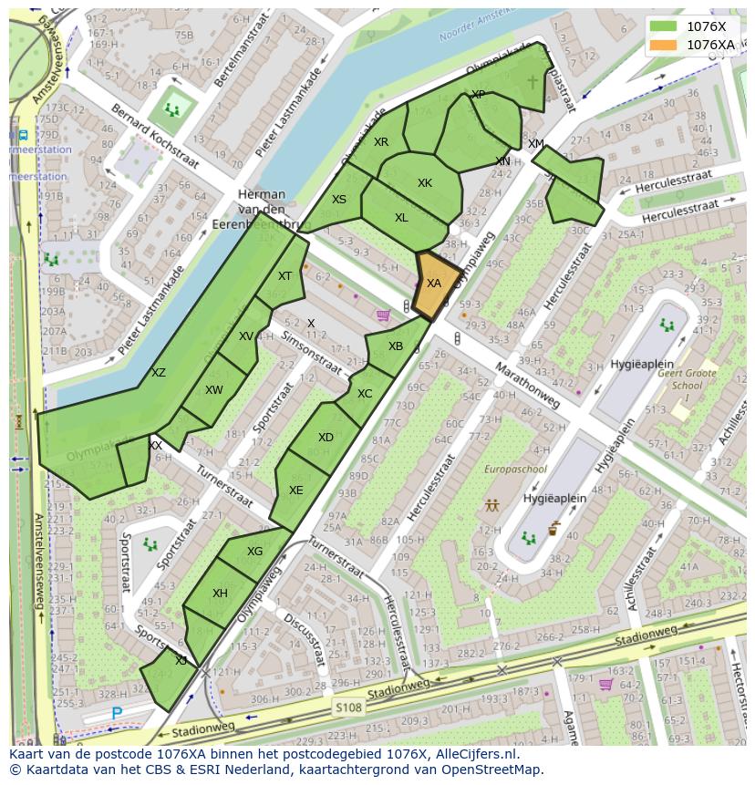 Afbeelding van het postcodegebied 1076 XA op de kaart.