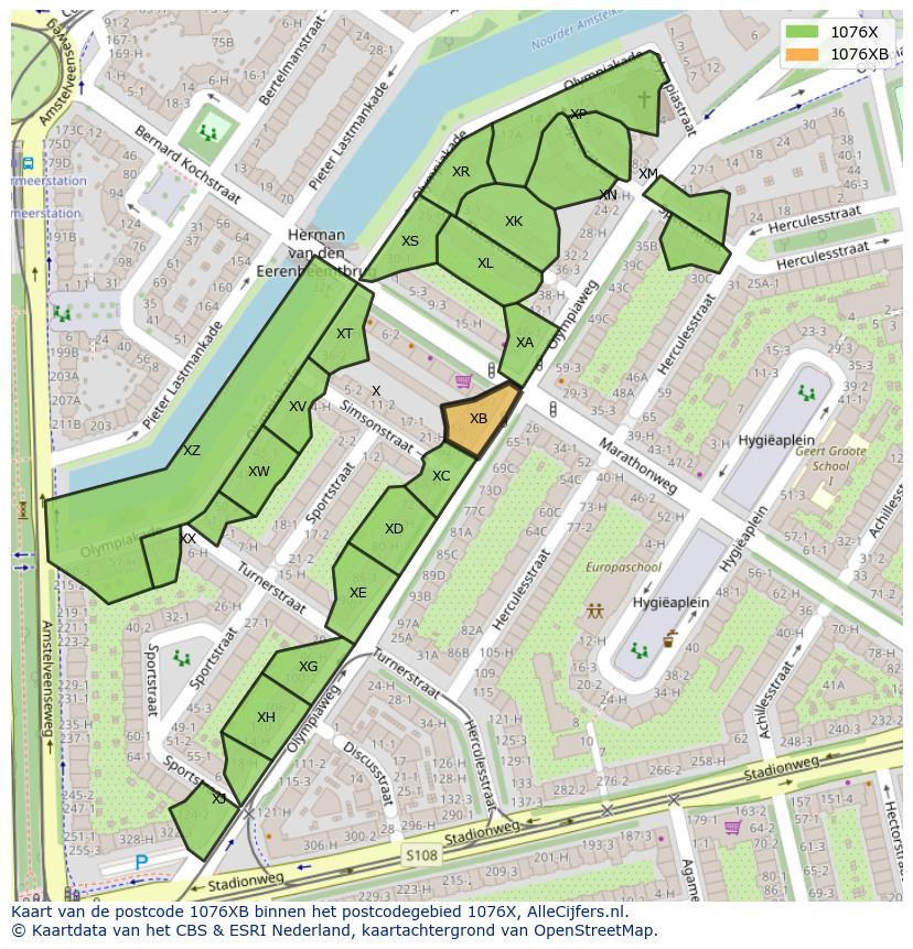 Afbeelding van het postcodegebied 1076 XB op de kaart.