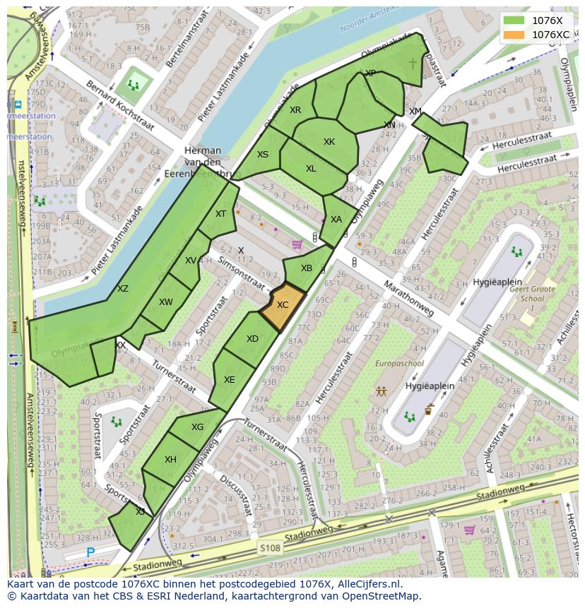 Afbeelding van het postcodegebied 1076 XC op de kaart.