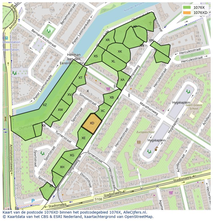 Afbeelding van het postcodegebied 1076 XD op de kaart.