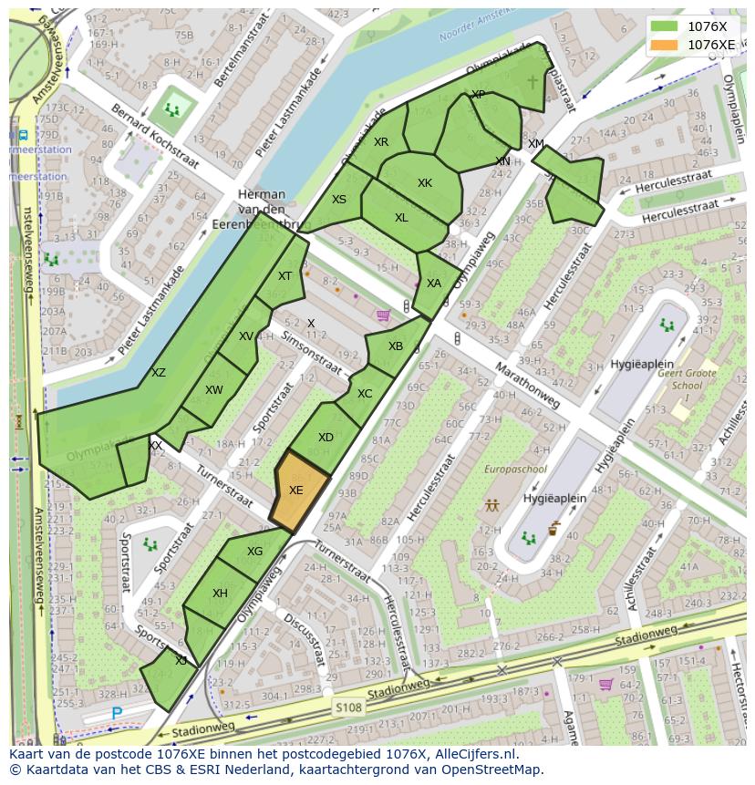 Afbeelding van het postcodegebied 1076 XE op de kaart.