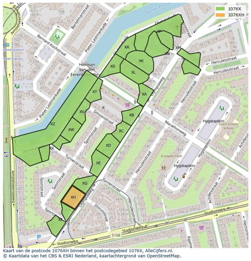 Afbeelding van het postcodegebied 1076 XH op de kaart.