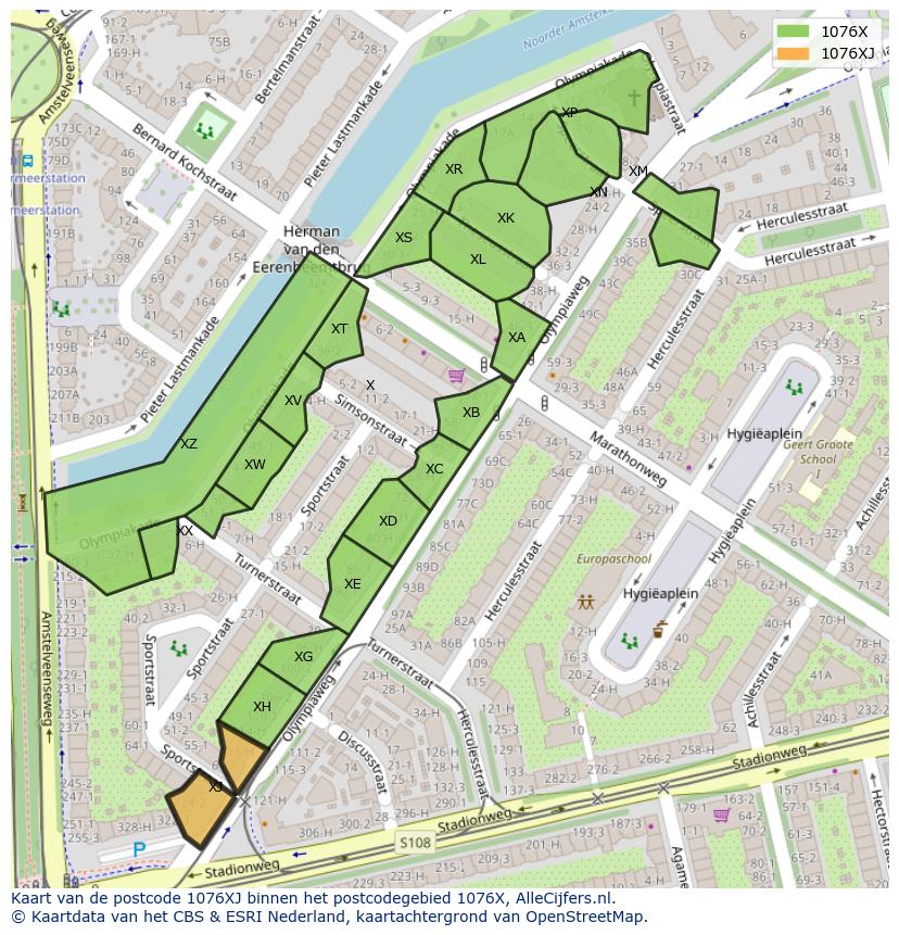 Afbeelding van het postcodegebied 1076 XJ op de kaart.