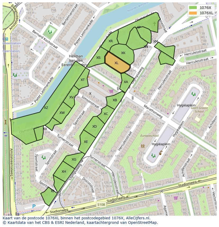 Afbeelding van het postcodegebied 1076 XL op de kaart.