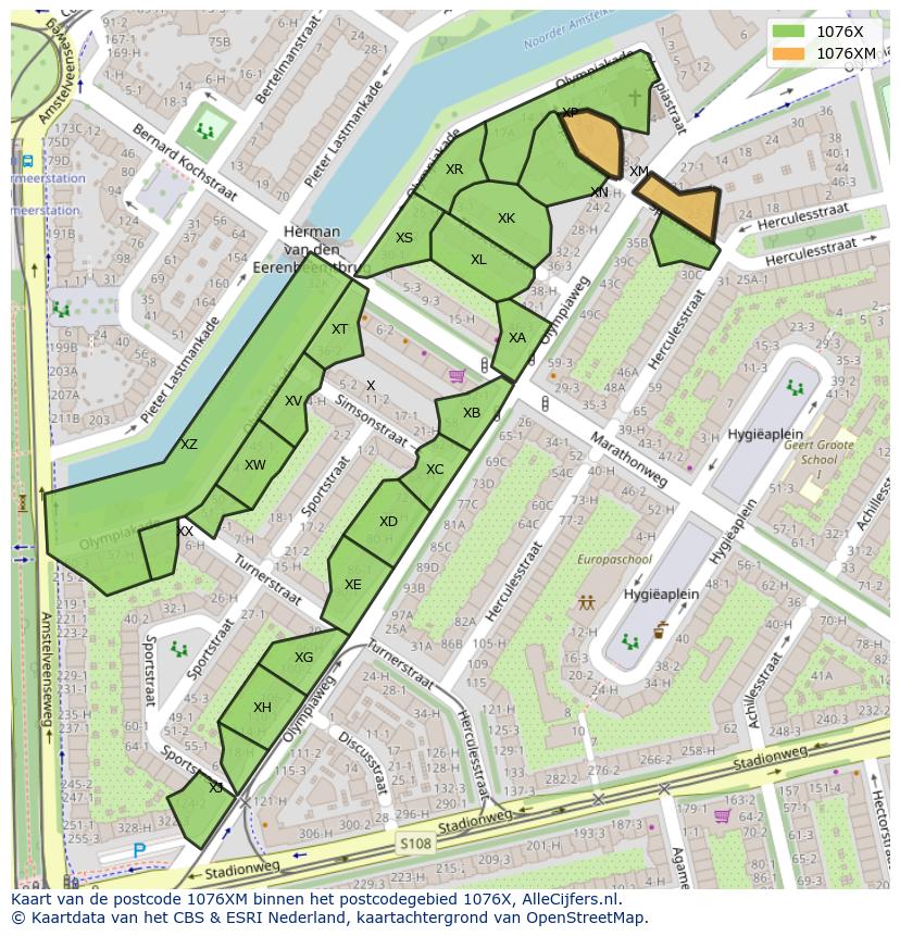 Afbeelding van het postcodegebied 1076 XM op de kaart.