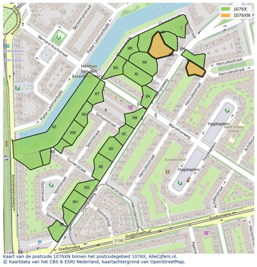 Afbeelding van het postcodegebied 1076 XN op de kaart.