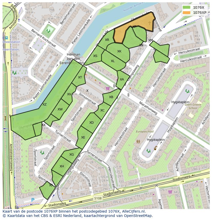 Afbeelding van het postcodegebied 1076 XP op de kaart.