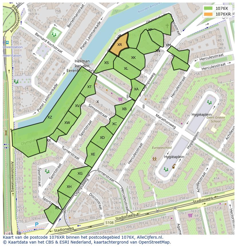 Afbeelding van het postcodegebied 1076 XR op de kaart.