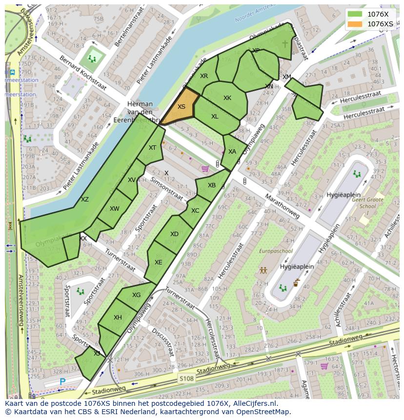 Afbeelding van het postcodegebied 1076 XS op de kaart.