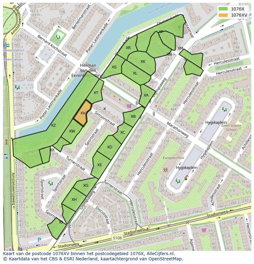 Afbeelding van het postcodegebied 1076 XV op de kaart.