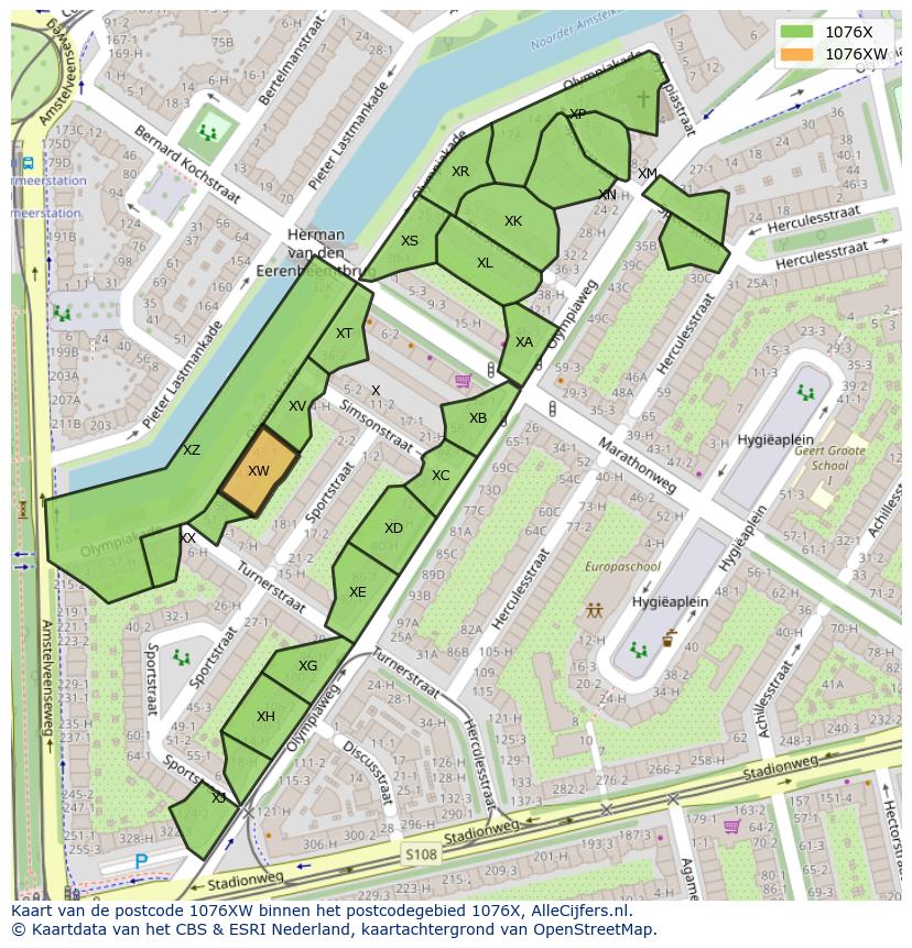 Afbeelding van het postcodegebied 1076 XW op de kaart.