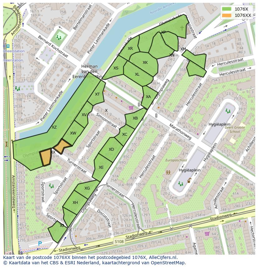 Afbeelding van het postcodegebied 1076 XX op de kaart.