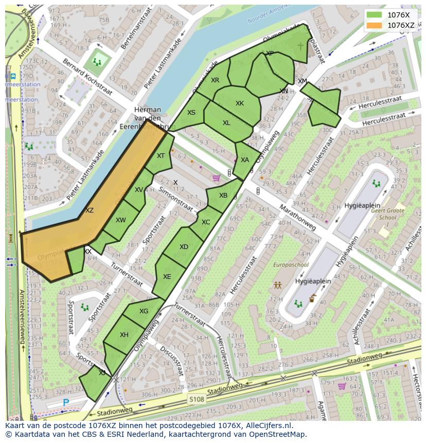 Afbeelding van het postcodegebied 1076 XZ op de kaart.