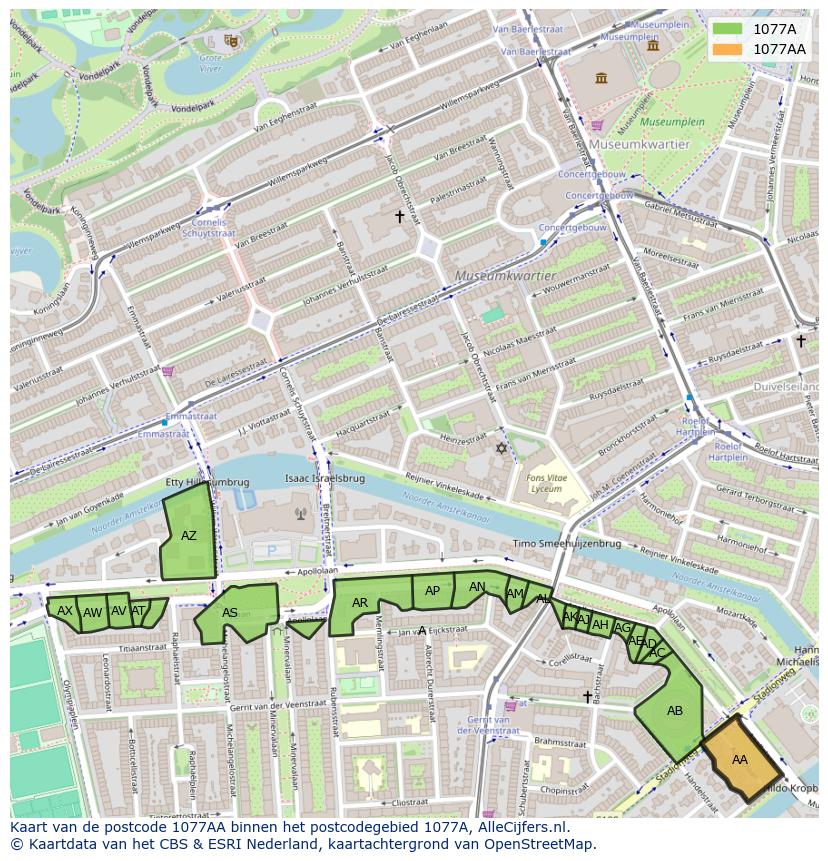 Afbeelding van het postcodegebied 1077 AA op de kaart.