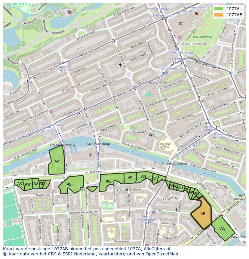Afbeelding van het postcodegebied 1077 AB op de kaart.