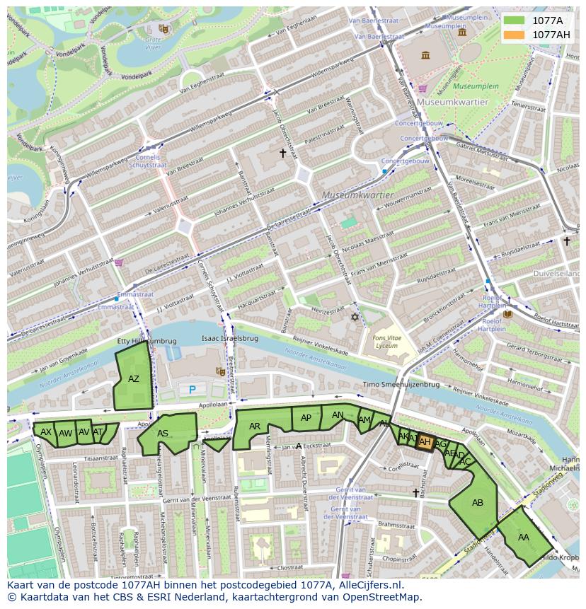 Afbeelding van het postcodegebied 1077 AH op de kaart.