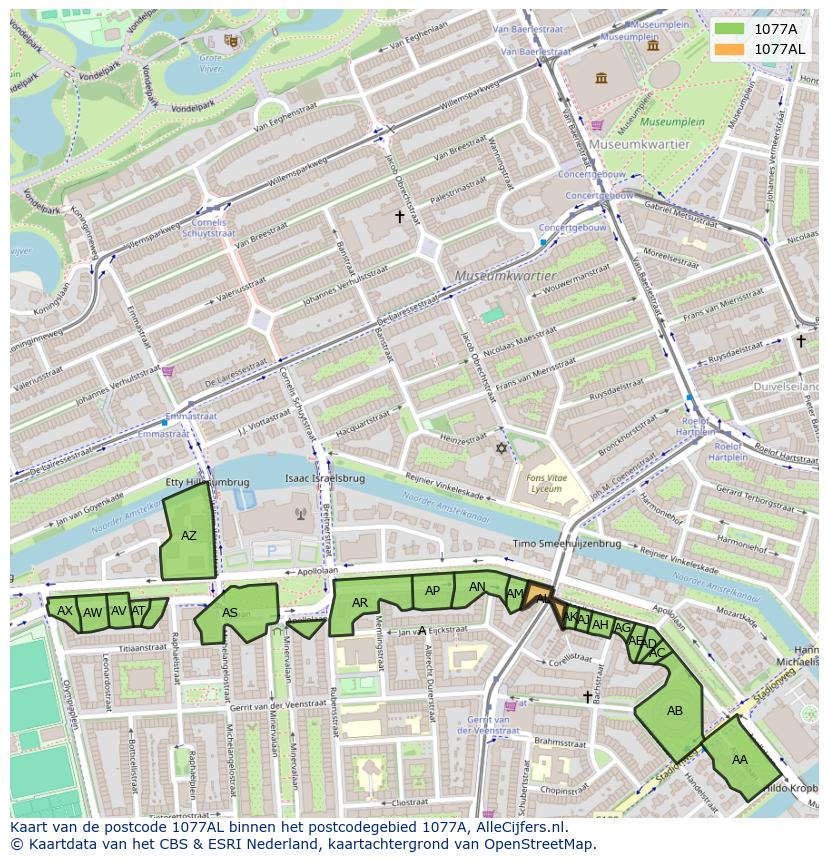 Afbeelding van het postcodegebied 1077 AL op de kaart.