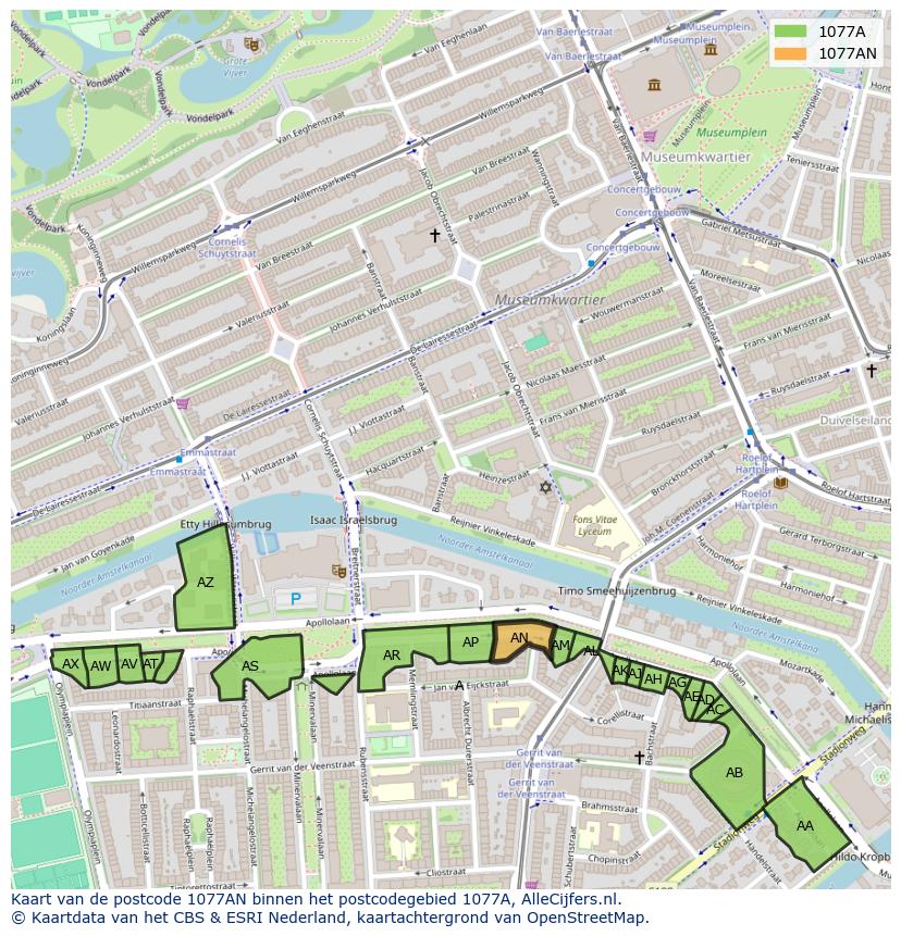 Afbeelding van het postcodegebied 1077 AN op de kaart.