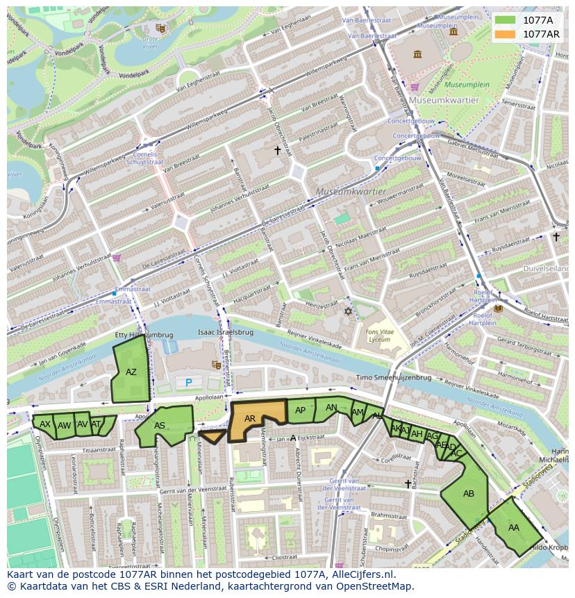 Afbeelding van het postcodegebied 1077 AR op de kaart.