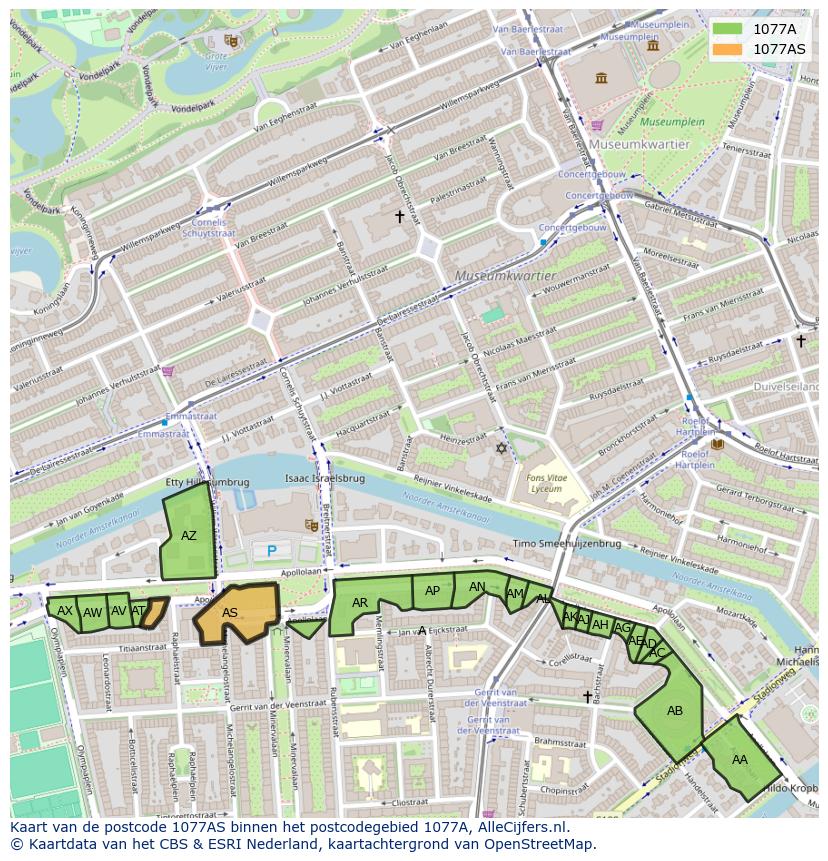 Afbeelding van het postcodegebied 1077 AS op de kaart.