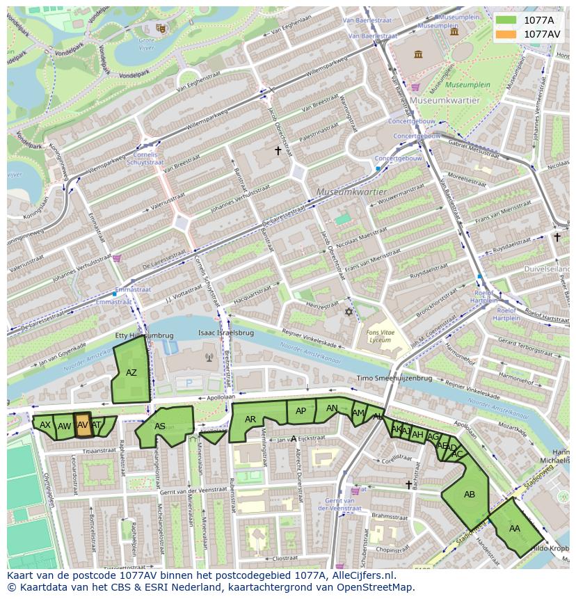 Afbeelding van het postcodegebied 1077 AV op de kaart.