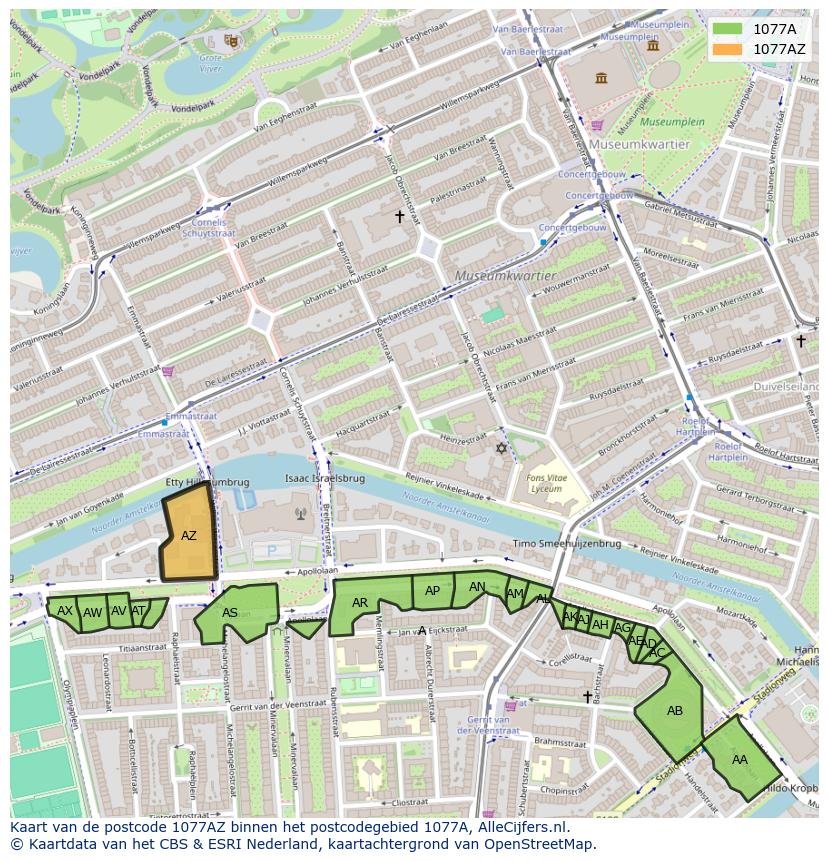 Afbeelding van het postcodegebied 1077 AZ op de kaart.