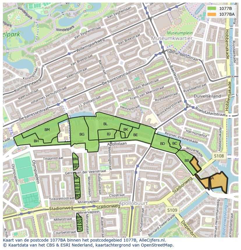 Afbeelding van het postcodegebied 1077 BA op de kaart.